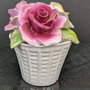 Radnor Bone China Ornament Yellow Pink and Red Rose in White Basket 3 1/4 Inch